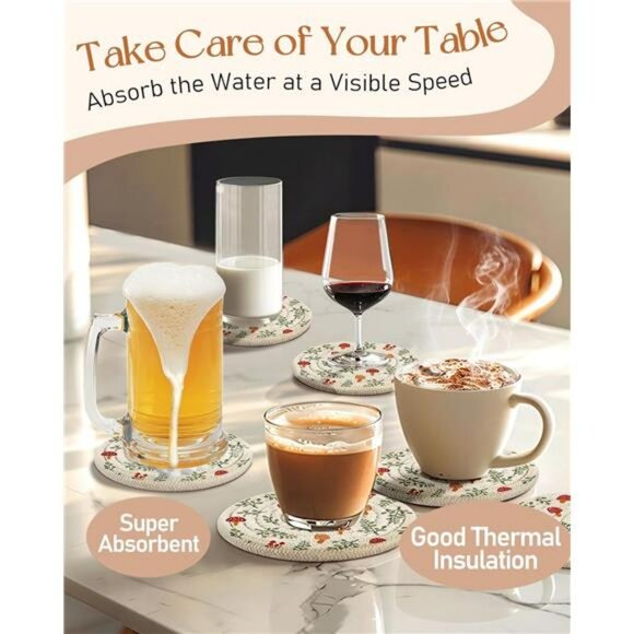 Woven Cotton Linen Coasters Set of 6 with Holder Absorbent Drink Cup Mats Coffee - Picture 6 of 7